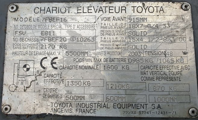Chariot élévateur électrique Toyota 7 FBEF 16